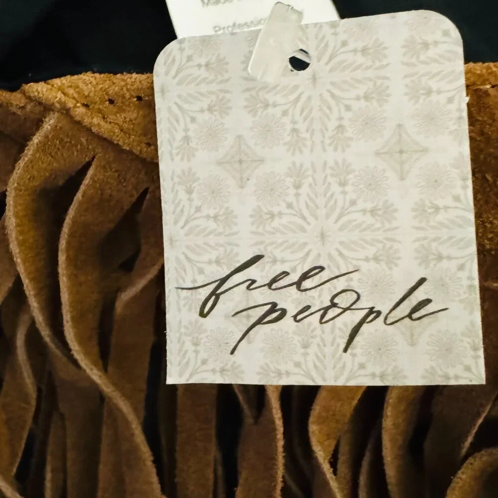 Free People Western Fringe Leather Shawl NWT OS | Tan Suede Fringe Wrap Boho - Picture 8 of 12